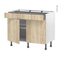 Meuble de cuisine - Bas - IKORO Chêne clair - 2 portes 1 tiroir - L100 x H70 x P58 cm