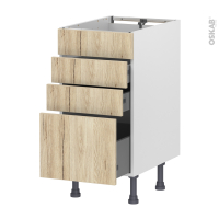 Meuble de cuisine - Casserolier - Faux tiroir haut - IKORO Chêne clair - 3 tiroirs - L40 x H70 x P58 cm