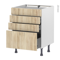 Meuble de cuisine - Casserolier - Faux tiroir haut - IKORO Chêne clair - 3 tiroirs - L60 x H70 x P58 cm