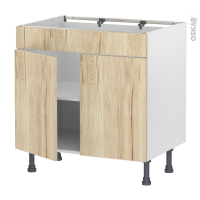 Meuble de cuisine - Bas - Faux tiroir haut - IKORO Chêne clair - 2 portes - L80 x H70 x P58 cm