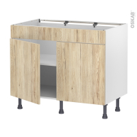 Meuble de cuisine - Bas - Faux tiroir haut - IKORO Chêne clair - 2 portes - L100 x H70 x P58 cm