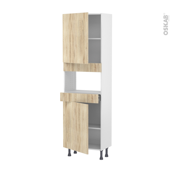 Colonne de cuisine N°2121 - MO encastrable niche 36/38 - IKORO Chêne clair - 2 portes 1 tiroir - L60 x H195 x P37 cm