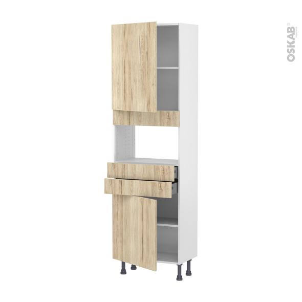 Colonne de cuisine N°2156 - MO encastrable niche 36/38 - IKORO Chêne clair - 2 portes 2 tiroirs - L60 x H195 x P37 cm