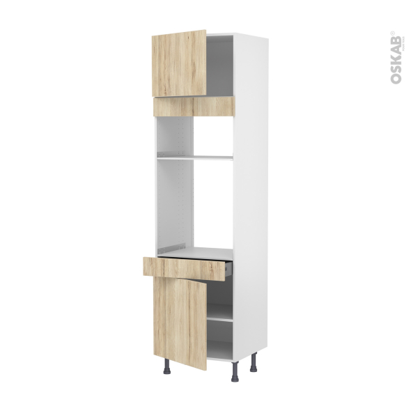 Colonne de cuisine N°1356 - Four+MO encastrable niche 36/38 - IKORO Chêne clair - 2 portes 1 tiroir - L60 x H217 x P58 cm