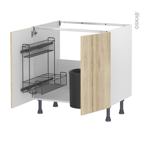 Meuble de cuisine - Sous évier - IKORO Chêne clair - 2 portes lessiviel poubelle ronde - L80 x H70 x P58 cm