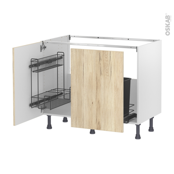 Meuble de cuisine - Sous évier - IKORO Chêne clair - 2 portes lessiviel-poubelle coulissante  - L100 x H70 x P58 cm