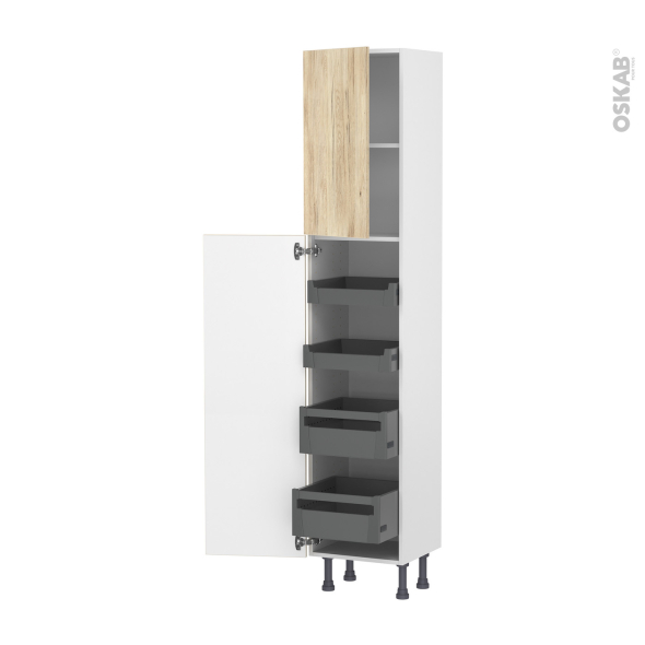 Colonne de cuisine N°1926 - Armoire de rangement - IKORO Chêne clair - 4 tiroirs à l'anglaise - L40 x H195 x P37 cm