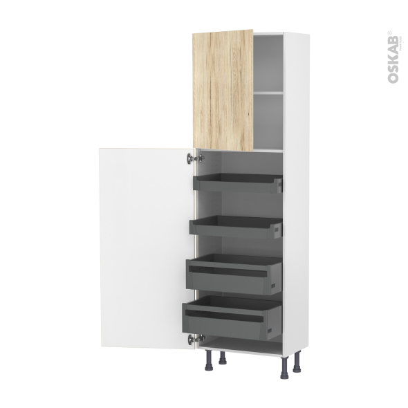 Colonne de cuisine N°2127 - Armoire de rangement - IKORO Chêne clair - 4 tiroirs à l'anglaise - L60 x H195 x P37 cm