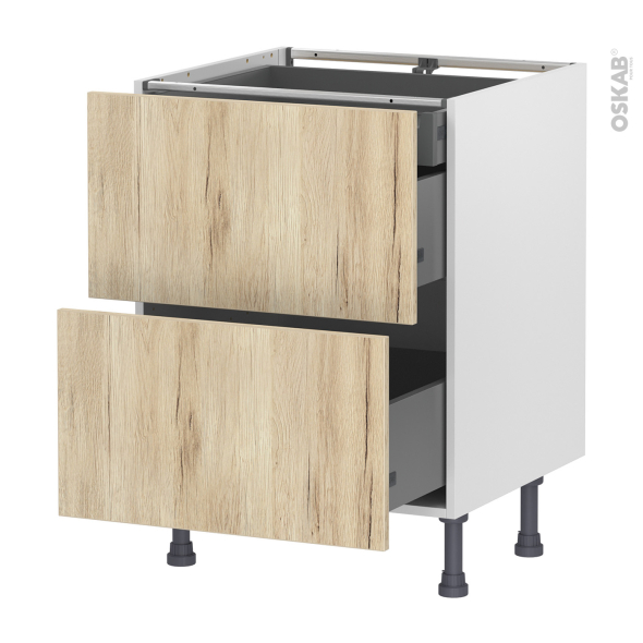 Meuble de cuisine - Casserolier - IKORO Chêne clair - 2 tiroirs 1 tiroir à l'anglaise - L60 x H70 x P58 cm