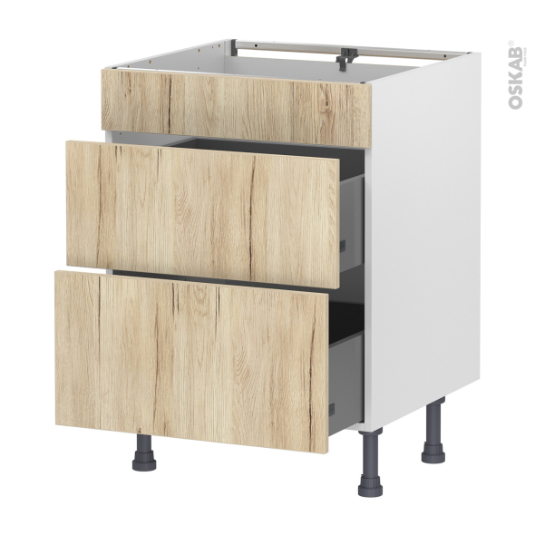 Meuble de cuisine - Casserolier - Faux tiroir haut - IKORO Chêne clair - 2 tiroirs - L60 x H70 x P58 cm
