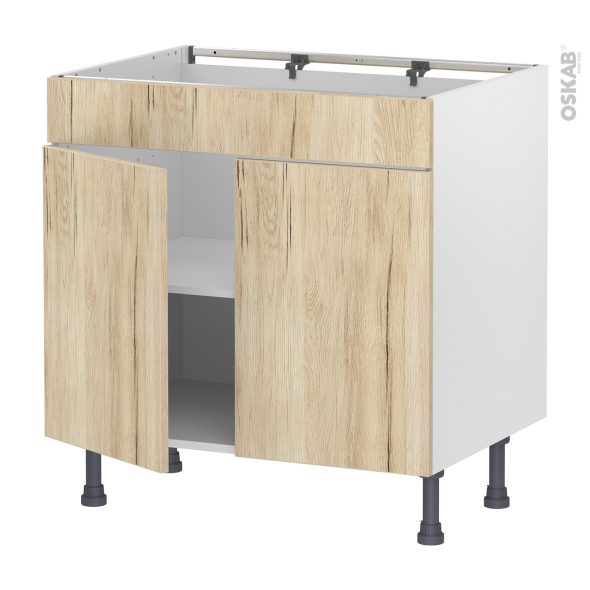 Meuble de cuisine - Bas - Faux tiroir haut - IKORO Chêne clair - 2 portes - L80 x H70 x P58 cm