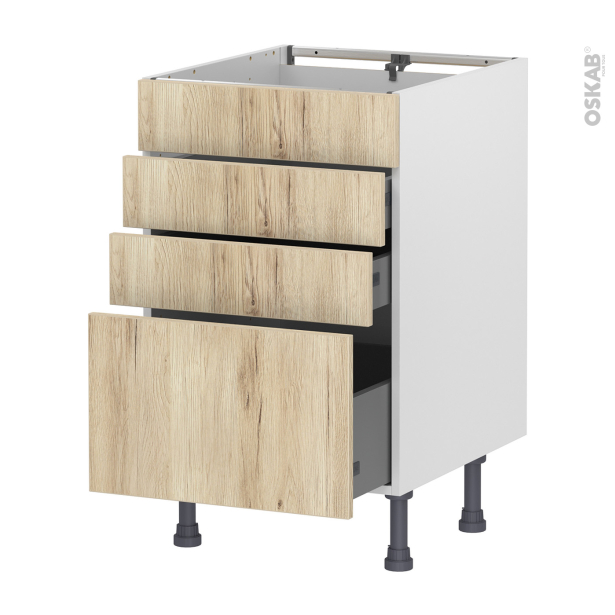Meuble de cuisine Casserolier <br />Faux tiroir haut, IKORO Chêne clair, 3 tiroirs, L50 x H70 x P58 cm 