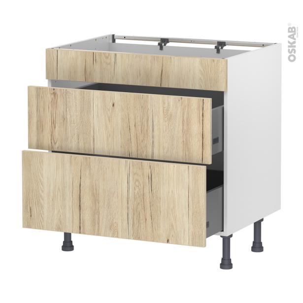 Meuble de cuisine Casserolier <br />Faux tiroir haut, IKORO Chêne clair, 2 tiroirs, L80 x H70 x P58 cm 