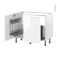 Meuble de cuisine - Sous évier - IPOMA Blanc brillant - 2 portes lessiviel-poubelle coulissante  - L100 x H70 x P58 cm