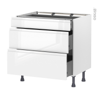 Meuble de cuisine - Casserolier - IPOMA Blanc brillant - 3 tiroirs - L80 x H70 x P58 cm
