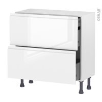 Meuble de cuisine - Casserolier - IPOMA Blanc brillant - 2 tiroirs 1 tiroir à l'anglaise - L80 x H70 x P37 cm
