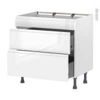 Meuble de cuisine - Casserolier - Faux tiroir haut - IPOMA Blanc brillant - 2 tiroirs - L80 x H70 x P58 cm