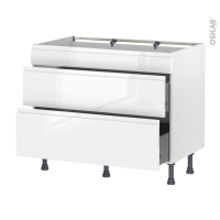 Meuble de cuisine - Casserolier - Faux tiroir haut - IPOMA Blanc brillant - 2 tiroirs - L100 x H70 x P58 cm