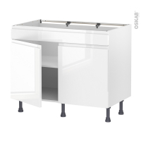Meuble de cuisine - Bas - Faux tiroir haut - IPOMA Blanc brillant - 2 portes - L100 x H70 x P58 cm
