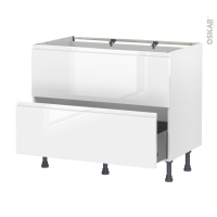 Meuble de cuisine - Casserolier - Faux tiroir haut - IPOMA Blanc brillant - 1 tiroir - L100 x H70 x P58 cm