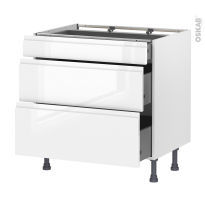 Meuble de cuisine - Casserolier - IPOMA Blanc brillant - 3 tiroirs - L80 x H70 x P58 cm