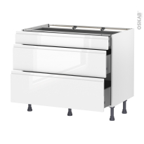 Meuble de cuisine - Casserolier - IPOMA Blanc brillant - 3 tiroirs - L100 x H70 x P58 cm