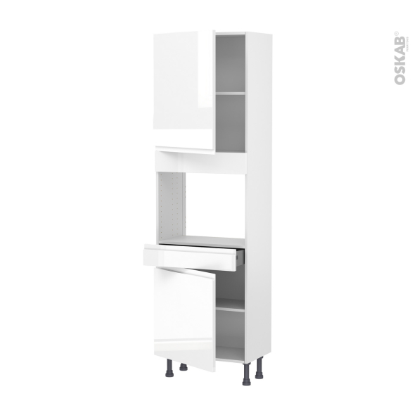 Colonne de cuisine N°2156 - Four encastrable niche 45  - IPOMA Blanc brillant - 2 portes 1 tiroir - L60 x H195 x P37 cm