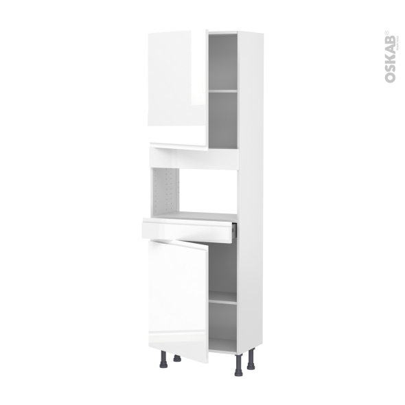 Colonne de cuisine N°2121 - MO encastrable niche 36/38 - IPOMA Blanc brillant - 2 portes 1 tiroir - L60 x H195 x P37 cm