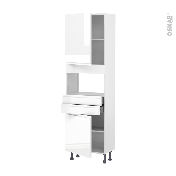 Colonne de cuisine N°2156 - MO encastrable niche 36/38 - IPOMA Blanc brillant - 2 portes 2 tiroirs - L60 x H195 x P37 cm