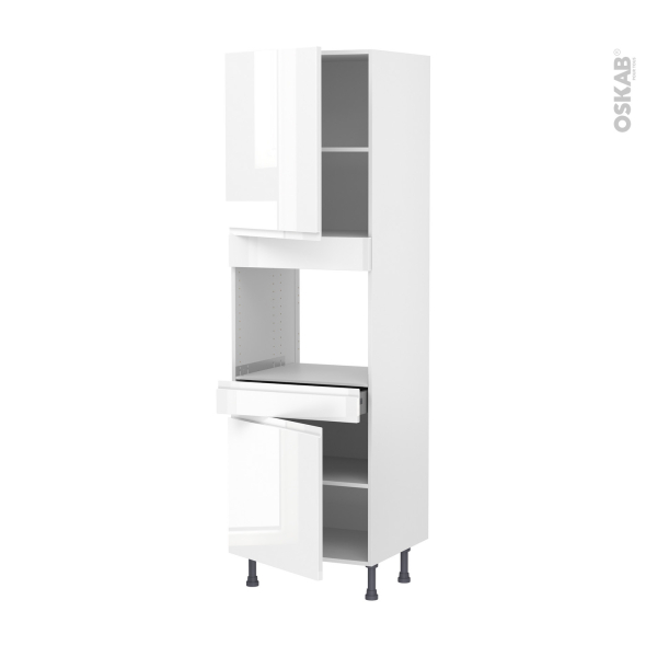 Colonne de cuisine N°2156 - Four encastrable niche 45  - IPOMA Blanc brillant - 2 portes 1 tiroir - L60 x H195 x P58 cm
