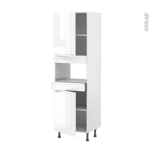 Colonne de cuisine N°2121 - MO encastrable niche 36/38 - IPOMA Blanc brillant - 2 portes 1 tiroir - L60 x H195 x P58 cm