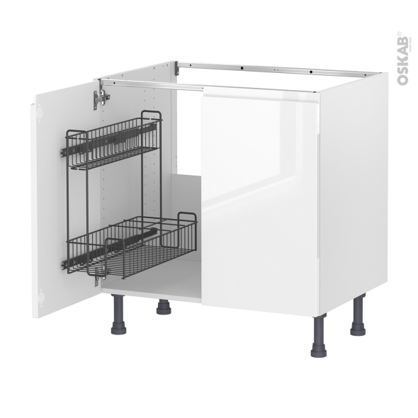 Meuble de cuisine - Sous évier - IPOMA Blanc brillant - 2 portes lessiviel - L80 x H70 x P58 cm