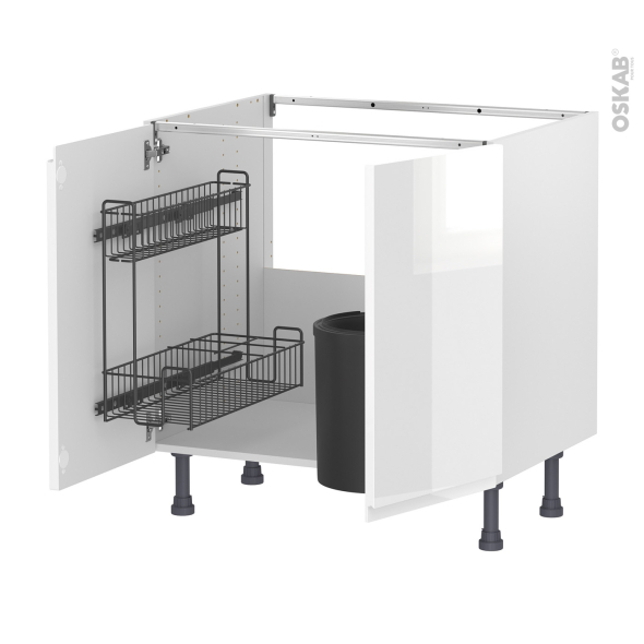 Meuble de cuisine - Sous évier - IPOMA Blanc brillant - 2 portes lessiviel poubelle ronde - L80 x H70 x P58 cm