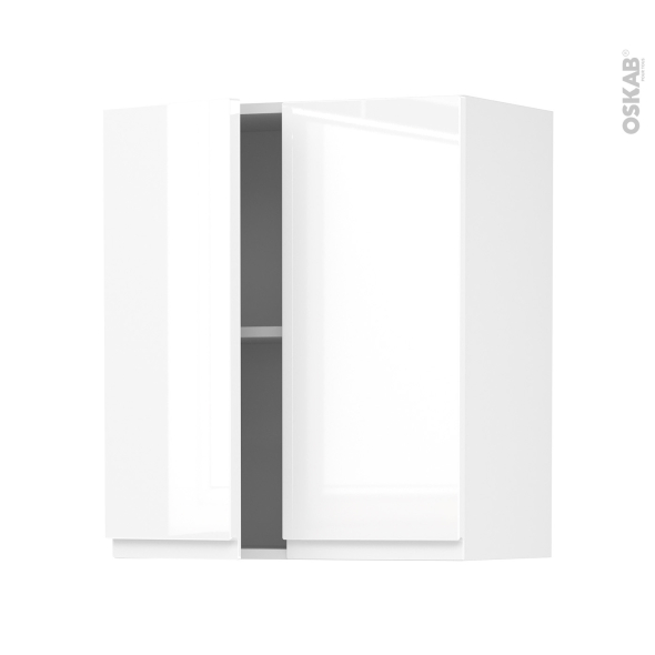 Meuble de cuisine - Haut ouvrant - IPOMA Blanc brillant - 2 portes - L60 x H70 x P37 cm