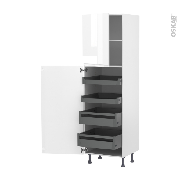 Colonne de cuisine N°2127 - Armoire de rangement - IPOMA Blanc brillant - 4 tiroirs à l'anglaise - L60 x H195 x P58 cm