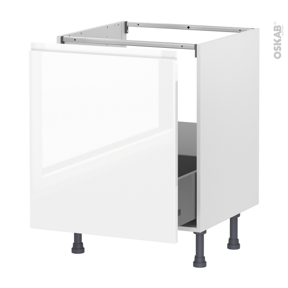 Meuble de cuisine - Sous évier - IPOMA Blanc brillant - 1 porte coulissante - L60 x H70 x P58 cm