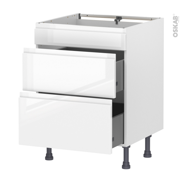 Meuble de cuisine - Casserolier - Faux tiroir haut - IPOMA Blanc brillant - 2 tiroirs - L60 x H70 x P58 cm