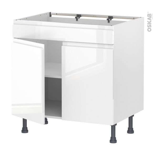 Meuble de cuisine - Bas - Faux tiroir haut - IPOMA Blanc brillant - 2 portes - L80 x H70 x P58 cm