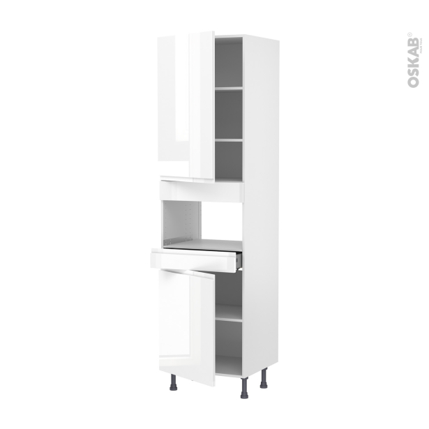 Colonne de cuisine N°2421 MO encastrable niche 36/38 <br />IPOMA Blanc brillant, 2 portes 1 tiroir, L60 x H217 x P58 cm 