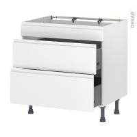 Meuble de cuisine - Casserolier - Faux tiroir haut - IPOMA Blanc mat - 2 tiroirs - L80 x H70 x P58 cm