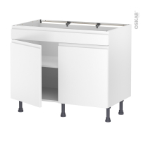 Meuble de cuisine - Bas - Faux tiroir haut - IPOMA Blanc mat - 2 portes - L100 x H70 x P58 cm