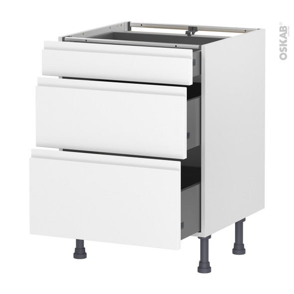 Meuble de cuisine - Casserolier - IPOMA Blanc mat - 3 tiroirs - L60 x H70 x P58 cm