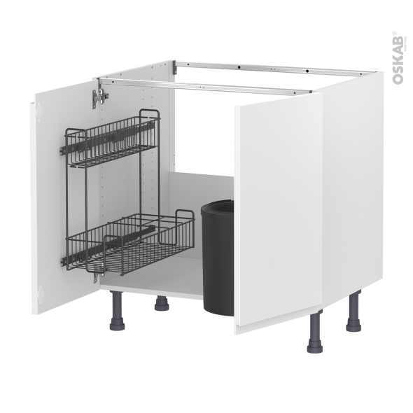 Meuble de cuisine - Sous évier - IPOMA Blanc mat - 2 portes lessiviel poubelle ronde - L80 x H70 x P58 cm