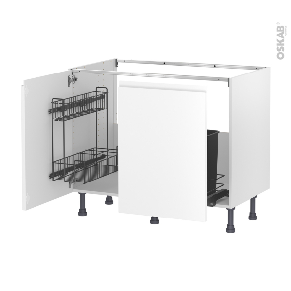 Meuble de cuisine - Sous évier - IPOMA Blanc mat - 2 portes lessiviel-poubelle coulissante  - L100 x H70 x P58 cm