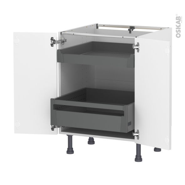 Meuble de cuisine - Bas - IPOMA Blanc mat - 2 portes 2 tiroirs à l'anglaise - L60 x H70 x P58 cm