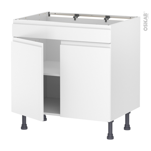 Meuble de cuisine - Bas - Faux tiroir haut - IPOMA Blanc mat - 2 portes - L80 x H70 x P58 cm