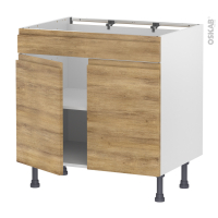 Meuble de cuisine - Bas - Faux tiroir haut - IPOMA Chêne naturel - 2 portes - L80 x H70 x P58 cm