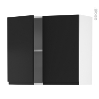 Meuble de cuisine - Haut ouvrant - IPOMA Noir mat - 2 portes - L80 x H70 x P37 cm