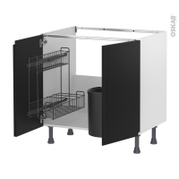 Meuble de cuisine - Sous évier - IPOMA Noir mat - 2 portes lessiviel poubelle ronde - L80 x H70 x P58 cm