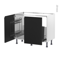 Meuble de cuisine - Sous évier - IPOMA Noir mat - 2 portes lessiviel-poubelle coulissante  - L100 x H70 x P58 cm